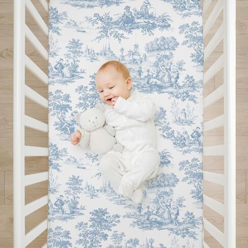 2 Pack Blue and White Toile Crib Sheet Set for Baby Girl, Soft Breathable Fitted Shabby Chic Crib Sheet 28 x 52 in, Vintage French Country Nursery Decor for Standard Crib and Toddler Bed Mattresses in Kuwait