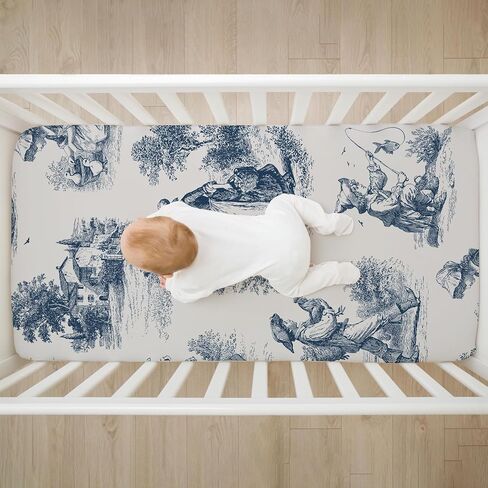 2 Pack Blue and White Toile Crib Sheet Set for Baby Girl, Soft Breathable Fitted Shabby Chic Crib Sheet 28 x 52 in, Vintage French Country Nursery Decor for Standard Crib and Toddler Bed Mattresses in Kuwait
