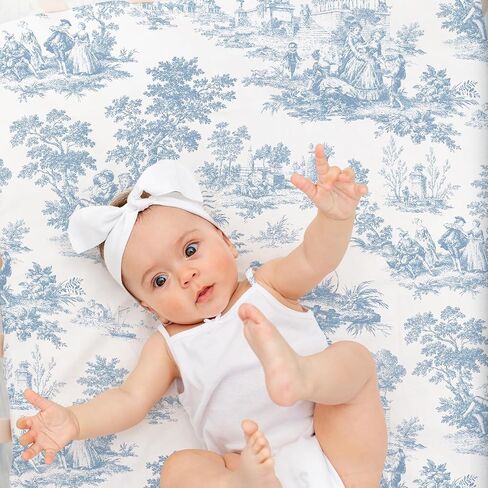 2 Pack Blue and White Toile Crib Sheet Set for Baby Girl, Soft Breathable Fitted Shabby Chic Crib Sheet 28 x 52 in, Vintage French Country Nursery Decor for Standard Crib and Toddler Bed Mattresses in Kuwait