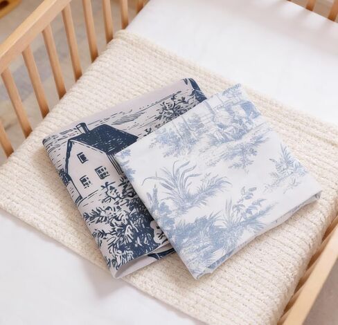 2 Pack Blue and White Toile Crib Sheet Set for Baby Girl, Soft Breathable Fitted Shabby Chic Crib Sheet 28 x 52 in, Vintage French Country Nursery Decor for Standard Crib and Toddler Bed Mattresses in Kuwait