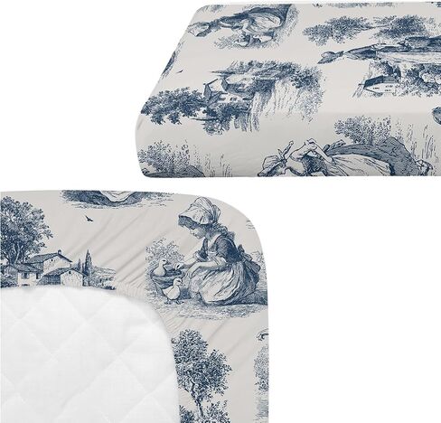 2 Pack Blue and White Toile Crib Sheet Set for Baby Girl, Soft Breathable Fitted Shabby Chic Crib Sheet 28 x 52 in, Vintage French Country Nursery Decor for Standard Crib and Toddler Bed Mattresses in Kuwait