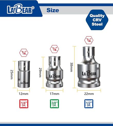 LABEAR 3-Piece Square Drive Bit Holder Socket Adapter Set, CR-V Steel | 1/4", 3/8", 1/2" Drive to 1/4" Hex, Quick-Change, Corrosion-Resistant Plated Finish in Kuwait