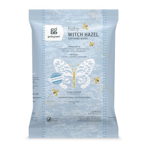 Grab Green Baby Witch Hazel Soothing Wipes, 32 Count, Dreamy Rosewood | Plant & Mineral-Based, Biodegradable, Soothe Common Skin Irritations Such as Diaper Rash, No Alcohol in Kuwait