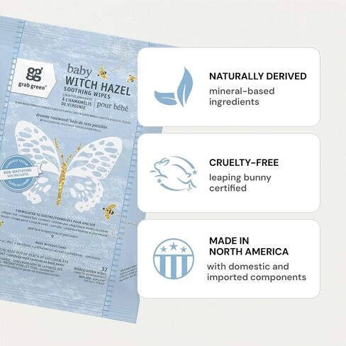 Grab Green Baby Witch Hazel Soothing Wipes, 32 Count, Dreamy Rosewood | Plant & Mineral-Based, Biodegradable, Soothe Common Skin Irritations Such as Diaper Rash, No Alcohol in Kuwait