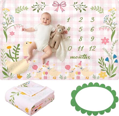 Frienda Silly Goose Baby Milestone Monthly Blanket for Boy & Girls 40 x 50 Inches Floral Flannel Blanket Newborn Infant Swaddle Milestone Monthly Photography Background with Wreath for Nursery Decor in Kuwait