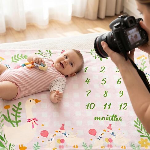 Frienda Silly Goose Baby Milestone Monthly Blanket for Boy & Girls 40 x 50 Inches Floral Flannel Blanket Newborn Infant Swaddle Milestone Monthly Photography Background with Wreath for Nursery Decor in Kuwait