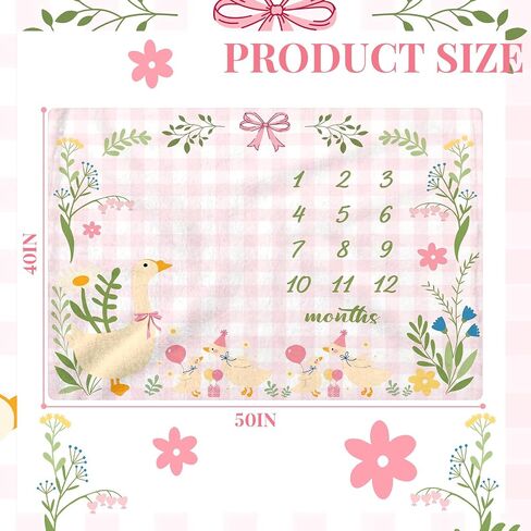 Frienda Silly Goose Baby Milestone Monthly Blanket for Boy & Girls 40 x 50 Inches Floral Flannel Blanket Newborn Infant Swaddle Milestone Monthly Photography Background with Wreath for Nursery Decor in Kuwait
