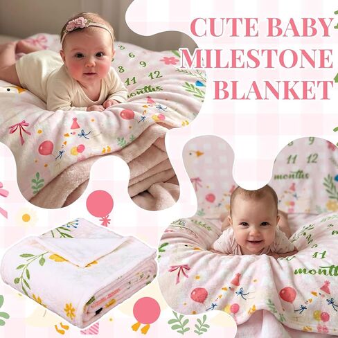 Frienda Silly Goose Baby Milestone Monthly Blanket for Boy & Girls 40 x 50 Inches Floral Flannel Blanket Newborn Infant Swaddle Milestone Monthly Photography Background with Wreath for Nursery Decor in Kuwait
