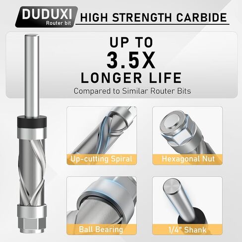 Carbide Compressiom Flush Trim Router Bit 1/4 Shank, Top & Bottom Bearing, 2+2 Flute, 1/2" Cutting Dia, 1" Cutting Length, Spiral Up-Down Pattern Template Flush Cut Router Bit for Wood Trimming in Saudi Arabia
