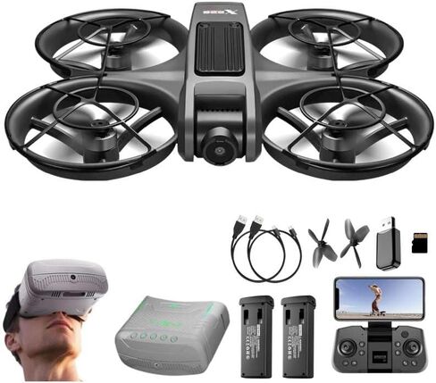 VR FPV Hobby Drone with VR Goggles, Optical Flow Positioning, Dual Batteries, One Key Takeoff/Landing, APP Control, Brushless Motor, Beginner-Friendly Quadcopter with Propeller Guards, Altitude Hold, Dual Cameras & LED Night Lights, a first-person view in Kuwait
