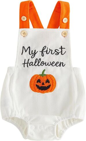 My First Halloween Baby Boy Girl Outfit Newborn Corduroy Overalls Bubble Romper Pumpkin/Ghost Sleeveless Bodysuit in Kuwait