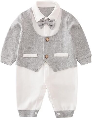 Newborn Baby Lapel Tie Fake Two Piece Jumpsuit Gentleman One-Piece Romper Outfit Boy Infant Formal Suit in Kuwait