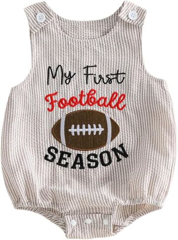 Newborn Baby Boy Football Outfit My First Football Season Sleeveless Overalls Romper Infant Striped Bubble Bodysuit in Kuwait