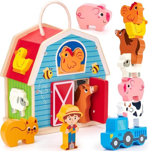 hahaland Wooden Montessori Toys Farm Animals Barn for Toddlers 1-3 | Shape Sorter Sorting & Stacking Learning Toy for 1 2 3 Year Old Boys Girls, Educational Toy Christmas Birthday Gift in Kuwait