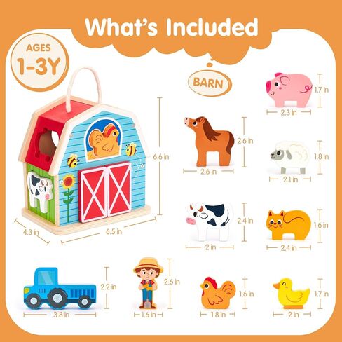 hahaland Wooden Montessori Toys Farm Animals Barn for Toddlers 1-3 | Shape Sorter Sorting & Stacking Learning Toy for 1 2 3 Year Old Boys Girls, Educational Toy Christmas Birthday Gift in Kuwait