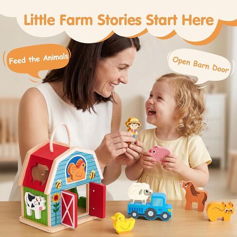 hahaland Wooden Montessori Toys Farm Animals Barn for Toddlers 1-3 | Shape Sorter Sorting & Stacking Learning Toy for 1 2 3 Year Old Boys Girls, Educational Toy Christmas Birthday Gift in Kuwait