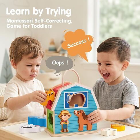 hahaland Wooden Montessori Toys Farm Animals Barn for Toddlers 1-3 | Shape Sorter Sorting & Stacking Learning Toy for 1 2 3 Year Old Boys Girls, Educational Toy Christmas Birthday Gift in Kuwait