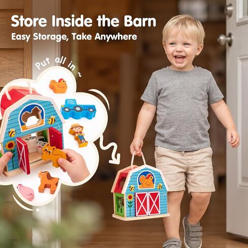 hahaland Wooden Montessori Toys Farm Animals Barn for Toddlers 1-3 | Shape Sorter Sorting & Stacking Learning Toy for 1 2 3 Year Old Boys Girls, Educational Toy Christmas Birthday Gift in Kuwait