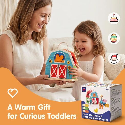 hahaland Wooden Montessori Toys Farm Animals Barn for Toddlers 1-3 | Shape Sorter Sorting & Stacking Learning Toy for 1 2 3 Year Old Boys Girls, Educational Toy Christmas Birthday Gift in Kuwait