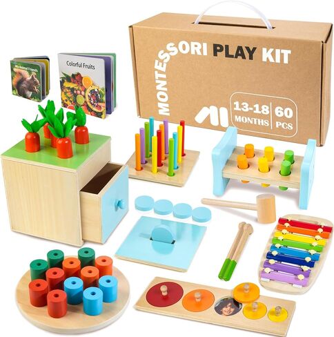 WOODMAM Wooden Montessori Toys for 1+ Year Old, 9 in 1 Learning Educational Toys for Toddler with Educational Box, Xylophone, Pound Bench, Shape Puzzle and More, Baby Toy Gift for 13-18 Months in Kuwait