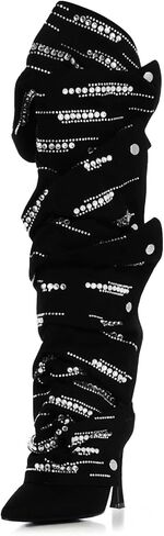 Women's Sparkly Rhinestone Fold-Over Stiletto High Heel Knee High Boots | Sexy Suede Pointed Toe Back Zipper Tall Boots with Studs for Party,Concert,Night Out Dressy in Kuwait