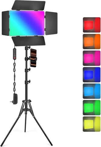 RGB LED Video Light with Barndoor, 2500K-8500K CRI 98+ Dimmable Bi-Color LED Studio Light Panel, 12 Effects Photography Lighting Kit for Video Recording Shooting Live Streaming Podcasting in Kuwait