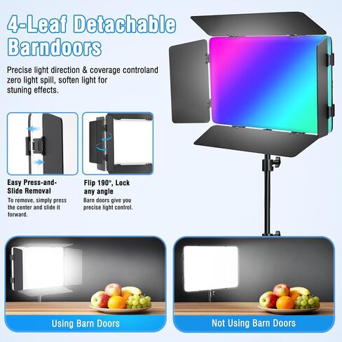 RGB LED Video Light with Barndoor, 2500K-8500K CRI 98+ Dimmable Bi-Color LED Studio Light Panel, 12 Effects Photography Lighting Kit for Video Recording Shooting Live Streaming Podcasting in Kuwait