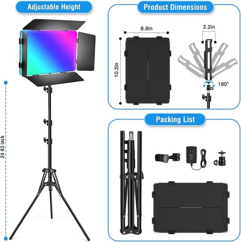 RGB LED Video Light with Barndoor, 2500K-8500K CRI 98+ Dimmable Bi-Color LED Studio Light Panel, 12 Effects Photography Lighting Kit for Video Recording Shooting Live Streaming Podcasting in Kuwait
