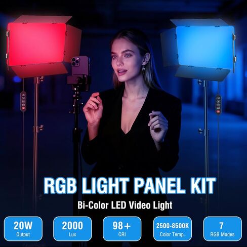 RGB LED Video Light with Barndoor, 2500K-8500K CRI 98+ Dimmable Bi-Color LED Studio Light Panel, 12 Effects Photography Lighting Kit for Video Recording Shooting Live Streaming Podcasting in Kuwait