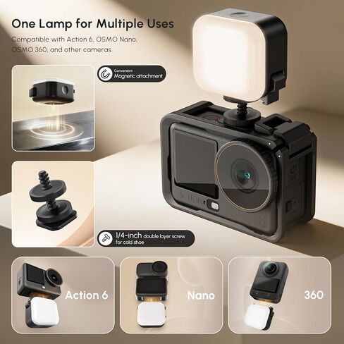 Action 4 Light with Cold Shoe Mount for DJI Nano/Osmo Action 5 Pro/6, 4 Adjustable Brightness Modes for Nighttime Outdoor Video Travel Record(Cold/Natural/Warm White/Warm Yellow) in Kuwait