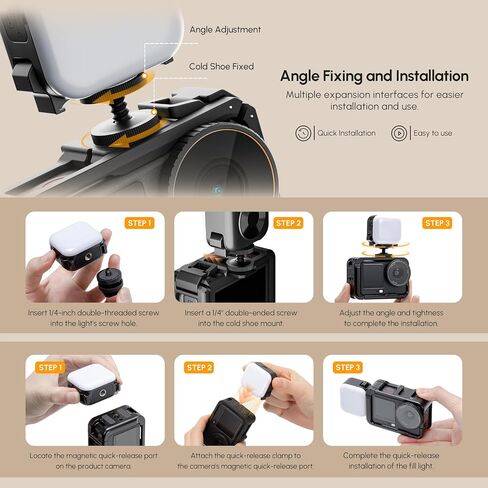 Action 4 Light with Cold Shoe Mount for DJI Nano/Osmo Action 5 Pro/6, 4 Adjustable Brightness Modes for Nighttime Outdoor Video Travel Record(Cold/Natural/Warm White/Warm Yellow) in Kuwait