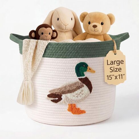 Sawysine Mallard Storage Basket with Handles for Nursery Large 15"x11" Cotton Rope Bin with Soft Felt Mallard Patch for Nursery Room Home Toys Cloths Laundry Organizer in Kuwait