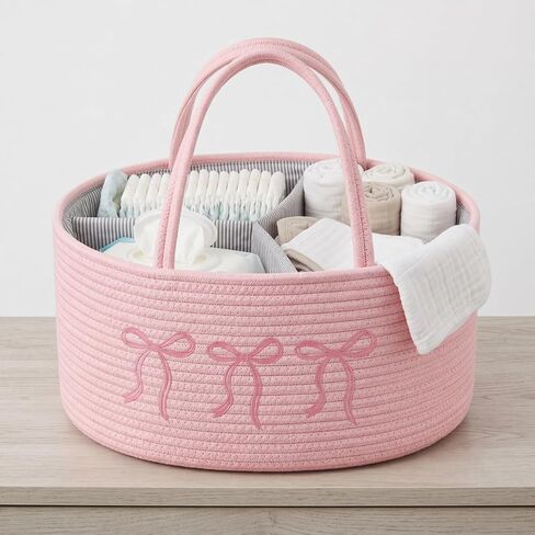Baby Caddy Organizer, Cotton Rope Baby Diaper Caddy with 3 Compartments Hand-Braided Pink Nursery Storage Basket with Bow Embroidery Newborn Essentials Gift (Pink) in Kuwait
