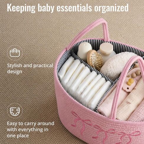 Baby Caddy Organizer, Cotton Rope Baby Diaper Caddy with 3 Compartments Hand-Braided Pink Nursery Storage Basket with Bow Embroidery Newborn Essentials Gift (Pink) in Kuwait