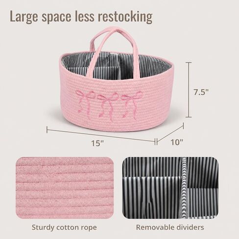 Baby Caddy Organizer, Cotton Rope Baby Diaper Caddy with 3 Compartments Hand-Braided Pink Nursery Storage Basket with Bow Embroidery Newborn Essentials Gift (Pink) in Kuwait
