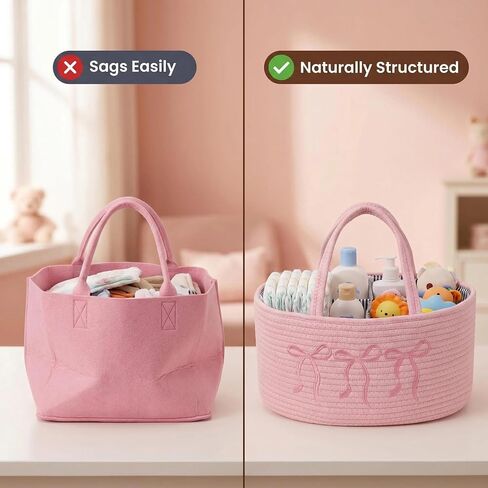 Baby Caddy Organizer, Cotton Rope Baby Diaper Caddy with 3 Compartments Hand-Braided Pink Nursery Storage Basket with Bow Embroidery Newborn Essentials Gift (Pink) in Kuwait