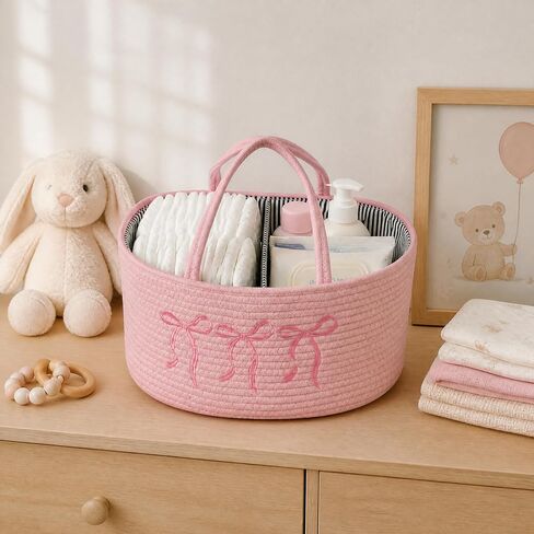 Baby Caddy Organizer, Cotton Rope Baby Diaper Caddy with 3 Compartments Hand-Braided Pink Nursery Storage Basket with Bow Embroidery Newborn Essentials Gift (Pink) in Kuwait