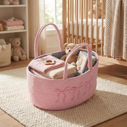 Baby Caddy Organizer, Cotton Rope Baby Diaper Caddy with 3 Compartments Hand-Braided Pink Nursery Storage Basket with Bow Embroidery Newborn Essentials Gift (Pink) in Kuwait
