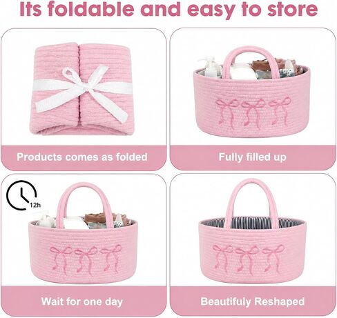 Baby Caddy Organizer, Cotton Rope Baby Diaper Caddy with 3 Compartments Hand-Braided Pink Nursery Storage Basket with Bow Embroidery Newborn Essentials Gift (Pink) in Kuwait