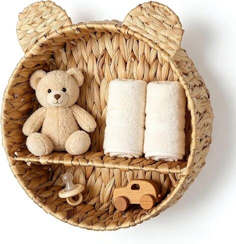 Bear Water Hyacinth Wicker Wall Floating Shelf, Handwoven Boho Hanging Decor & Woodland Storage Organizer for Bedroom, Bathroom, Living Room, Books & Toys in Kuwait