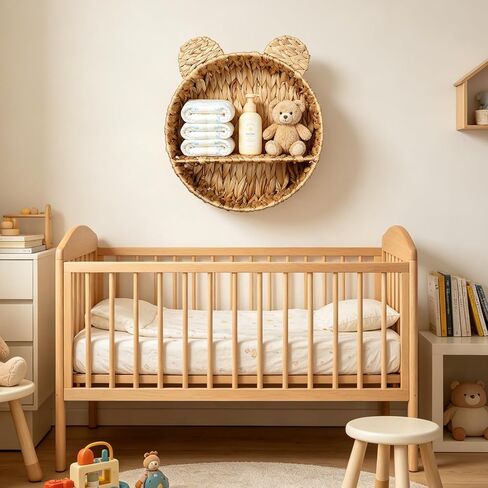 Bear Water Hyacinth Wicker Wall Floating Shelf, Handwoven Boho Hanging Decor & Woodland Storage Organizer for Bedroom, Bathroom, Living Room, Books & Toys in Kuwait