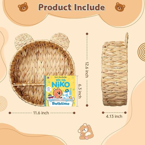 Bear Water Hyacinth Wicker Wall Floating Shelf, Handwoven Boho Hanging Decor & Woodland Storage Organizer for Bedroom, Bathroom, Living Room, Books & Toys in Kuwait