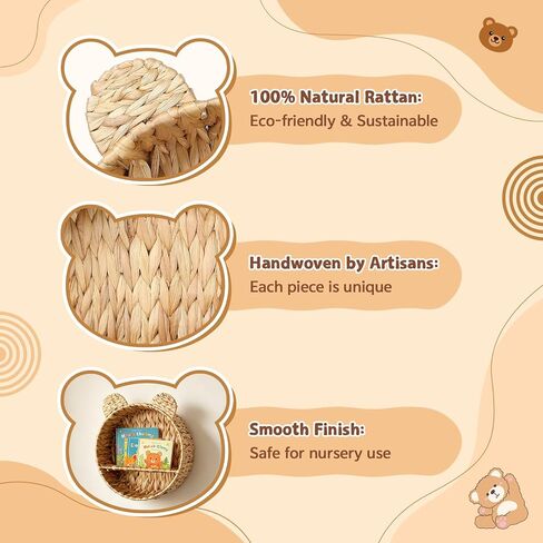 Bear Water Hyacinth Wicker Wall Floating Shelf, Handwoven Boho Hanging Decor & Woodland Storage Organizer for Bedroom, Bathroom, Living Room, Books & Toys in Kuwait
