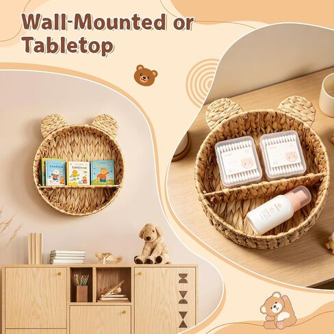 Bear Water Hyacinth Wicker Wall Floating Shelf, Handwoven Boho Hanging Decor & Woodland Storage Organizer for Bedroom, Bathroom, Living Room, Books & Toys in Kuwait