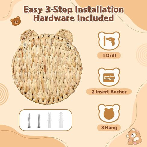 Bear Water Hyacinth Wicker Wall Floating Shelf, Handwoven Boho Hanging Decor & Woodland Storage Organizer for Bedroom, Bathroom, Living Room, Books & Toys in Kuwait