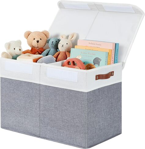 DECOMOMO Large Toy Storage Box, Toy Storage Bins with Lid (Grey & White) | 25" x 12" x 16" Toy Chest Storage, Sturdy Collapsible Kids Toy Storage, Baby Storage Organizer for Kids, Playroom, Nursery in Kuwait