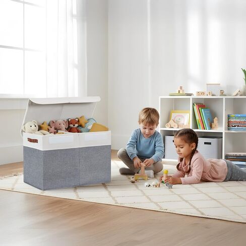 DECOMOMO Large Toy Storage Box, Toy Storage Bins with Lid (Grey & White) | 25" x 12" x 16" Toy Chest Storage, Sturdy Collapsible Kids Toy Storage, Baby Storage Organizer for Kids, Playroom, Nursery in Kuwait