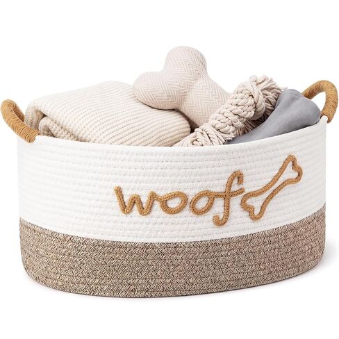 Zhehao Dog Woven Toy Basket, 15 x 11 x 9 in Cotton Rope Dog Toy Storage Bin with Handles, Pet Basket with Woof Bone Embroidery for Puppy Blankets, Modern Farmhouse Boho Home Decor (White Flaxen) in Kuwait