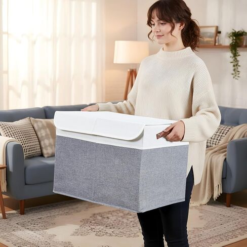 DECOMOMO Large Toy Storage Box, Toy Storage Bins with Lid (Grey & White) | 25" x 12" x 16" Toy Chest Storage, Sturdy Collapsible Kids Toy Storage, Baby Storage Organizer for Kids, Playroom, Nursery in Kuwait