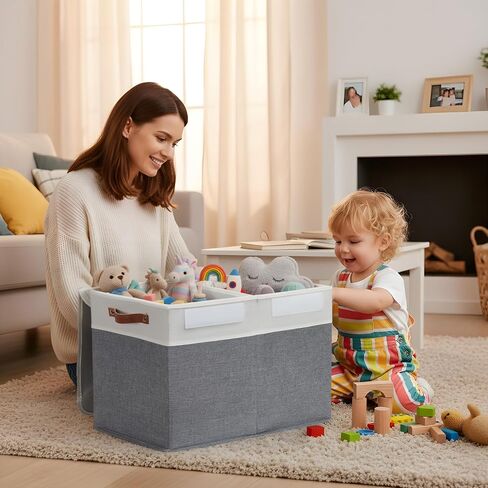 DECOMOMO Large Toy Storage Box, Toy Storage Bins with Lid (Grey & White) | 25" x 12" x 16" Toy Chest Storage, Sturdy Collapsible Kids Toy Storage, Baby Storage Organizer for Kids, Playroom, Nursery in Kuwait